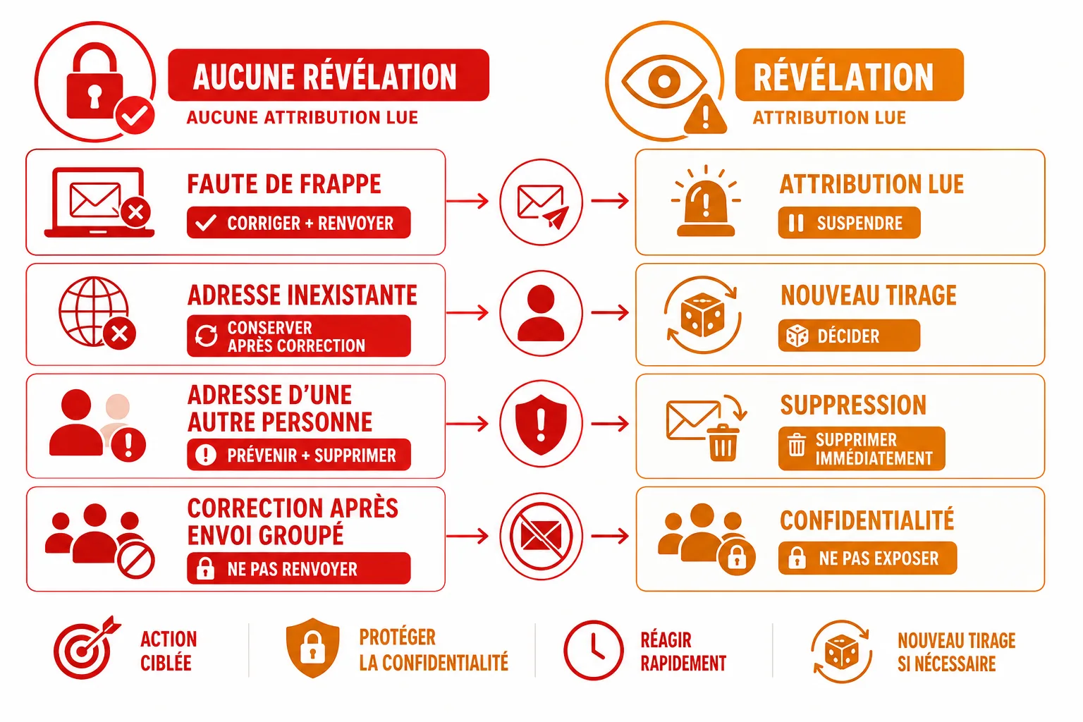 Arbre de décision pour corriger une adresse email, effectuer un renvoi ciblé ou recommencer le tirage selon le type d’erreur et l’attribution révélée.