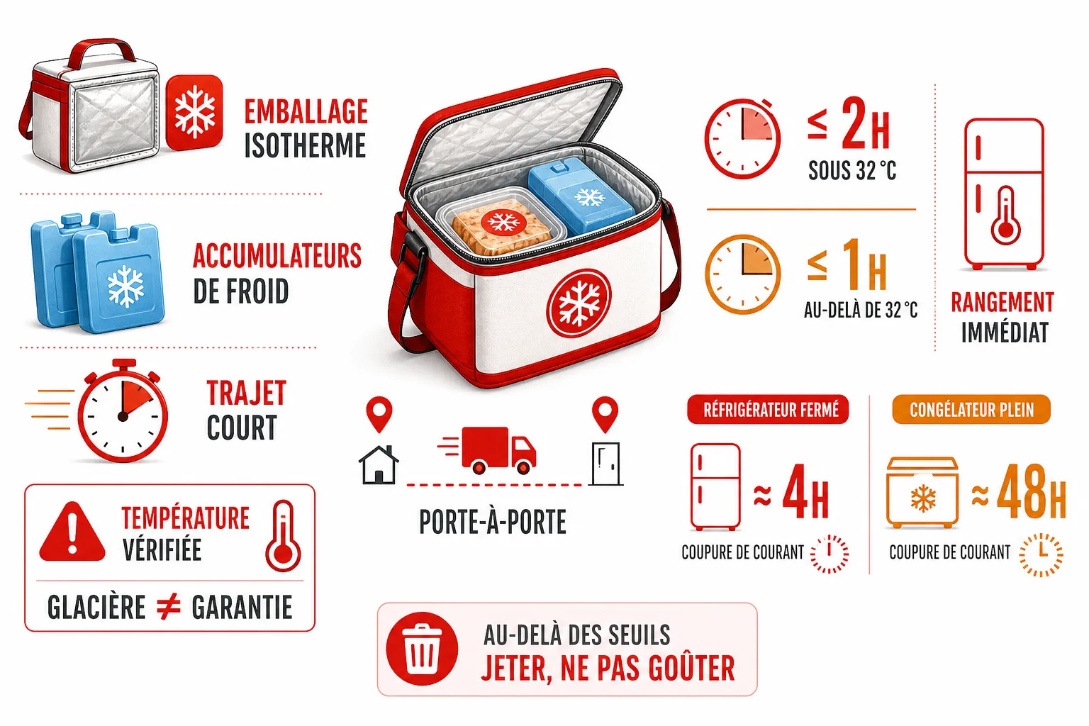 Transport d’un cadeau frais : emballage isotherme, durée hors réfrigérateur, seuils de température et conduite à tenir en cas de doute.