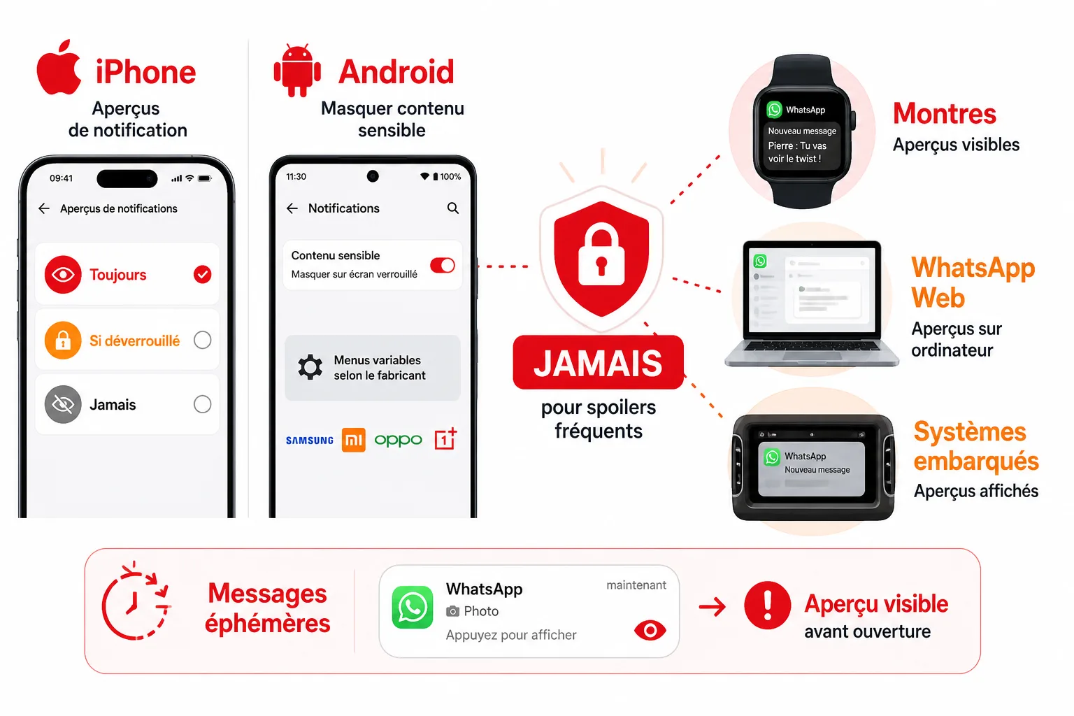 Comparaison des réglages d’aperçu des notifications sur iPhone et Android, avec les principaux appareils susceptibles d’afficher un spoiler.