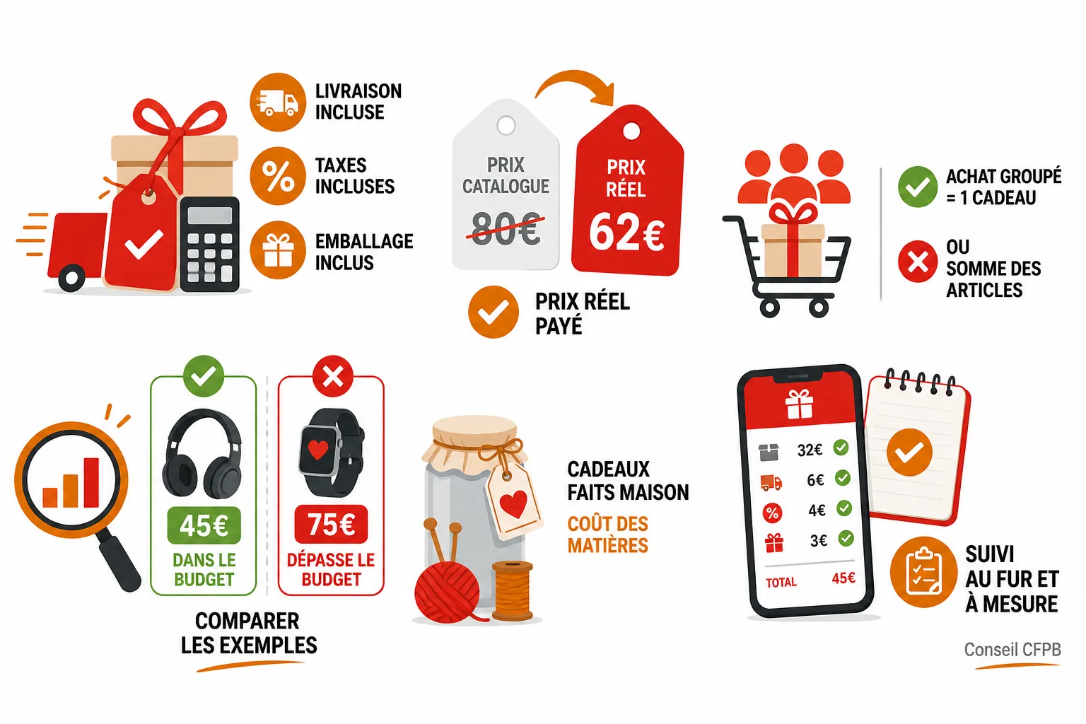 Comparaison des règles de budget selon le groupe, avec montant unique, fourchette plafonnée et frais inclus dans chaque exemple.