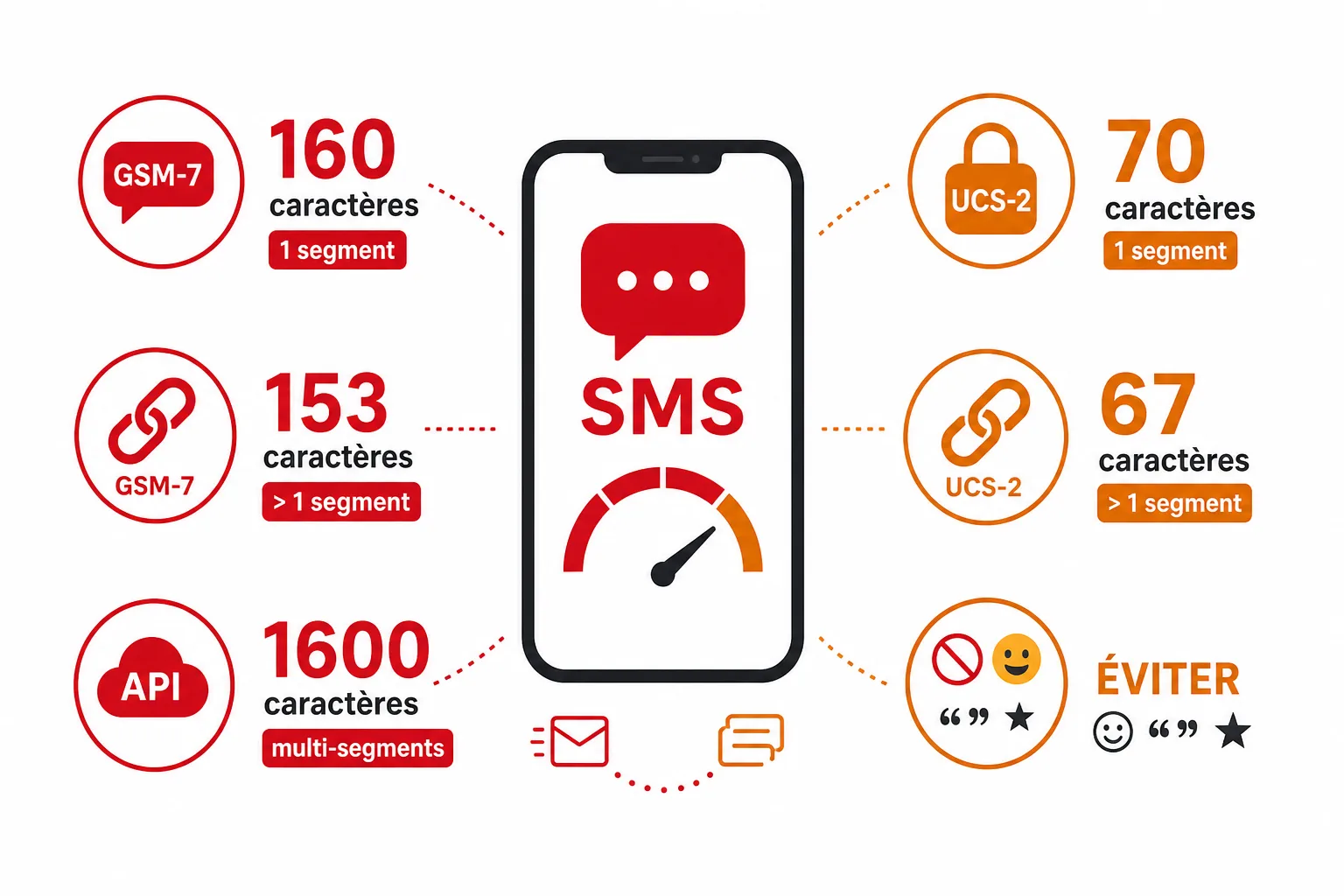 Comparaison des limites SMS selon l’encodage GSM-7 ou UCS-2, pour un segment unique et pour un message concaténé.