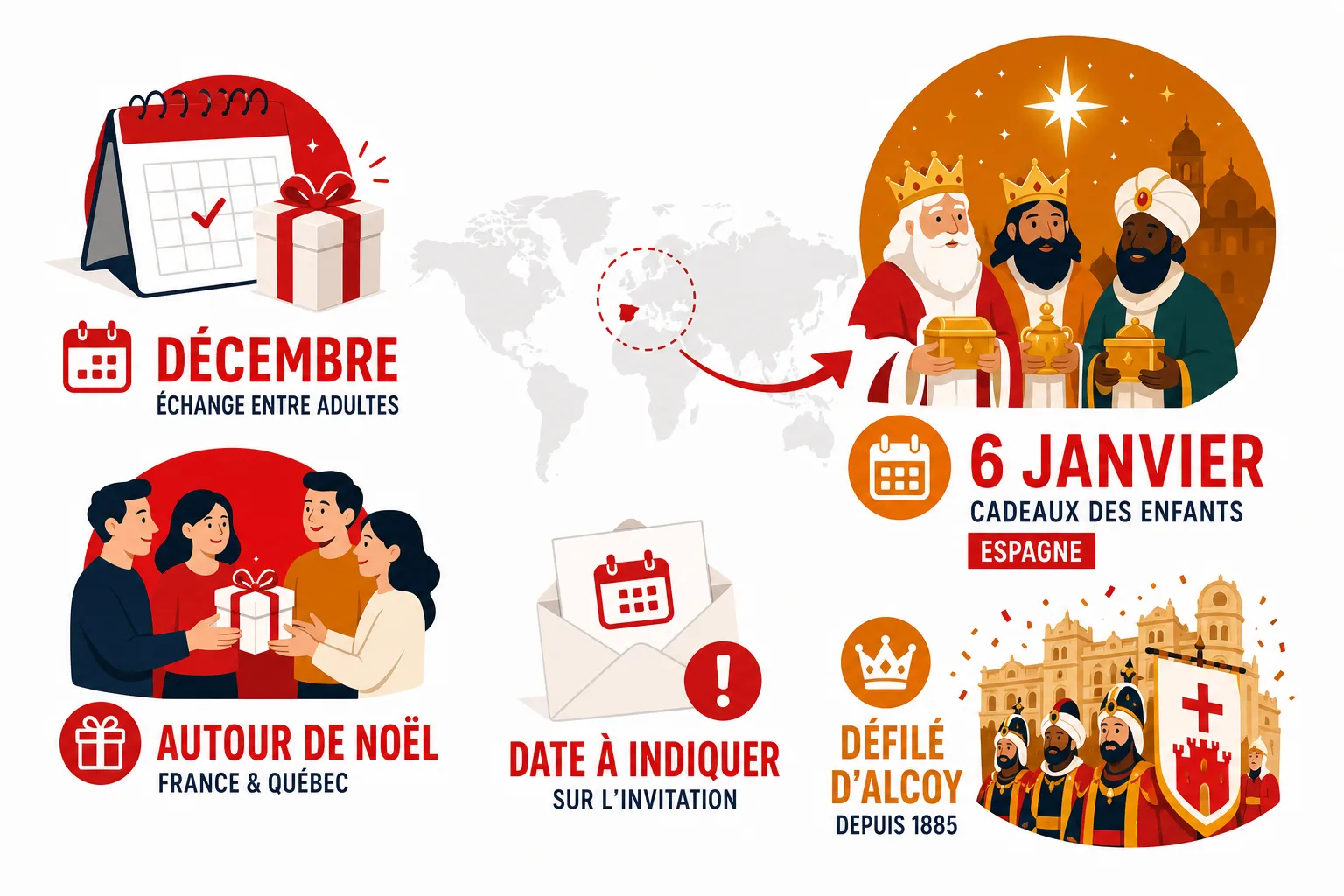 Comparaison des appellations du jeu, des variantes de règles et des principales dates de remise des cadeaux selon les pays.