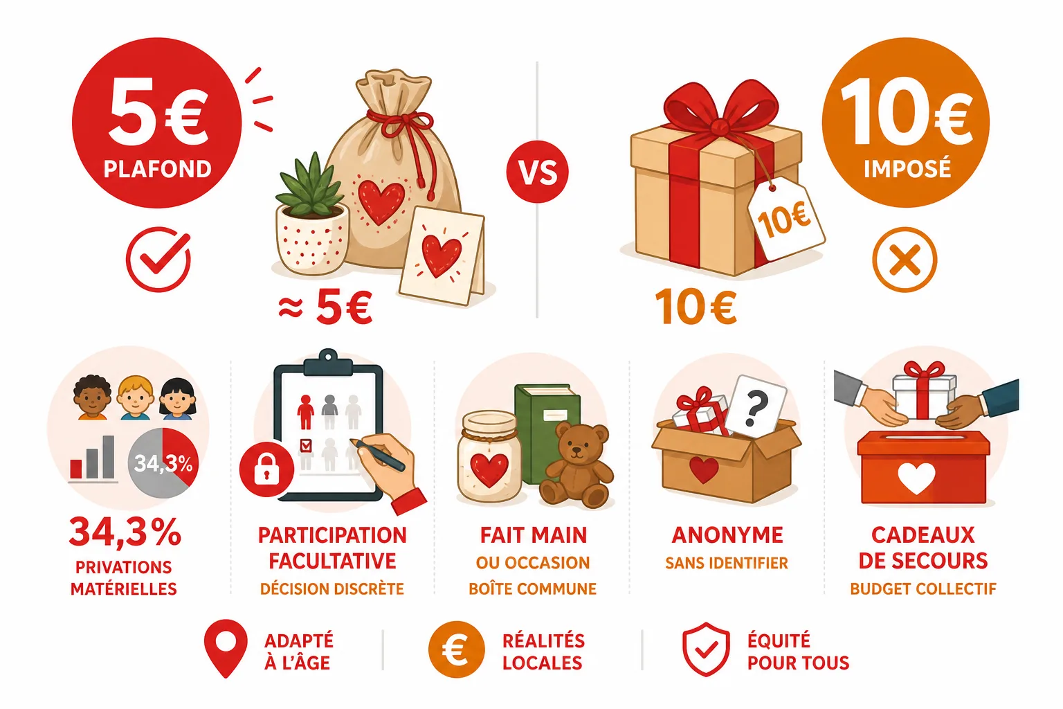 Échange de cadeaux en classe : plafond conseillé, options sans achat et solutions collectives pour préserver l’équité entre familles.