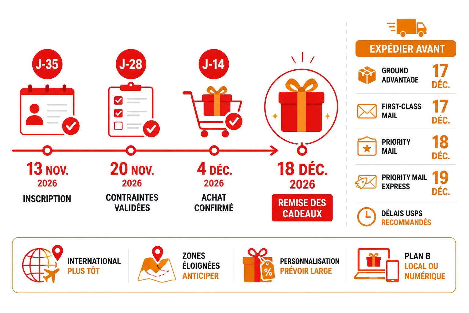 Rétroplanning d’un échange de cadeaux pour une remise le 18 décembre 2026 : inscription, contraintes, achat, expédition et dates USPS recommandées.