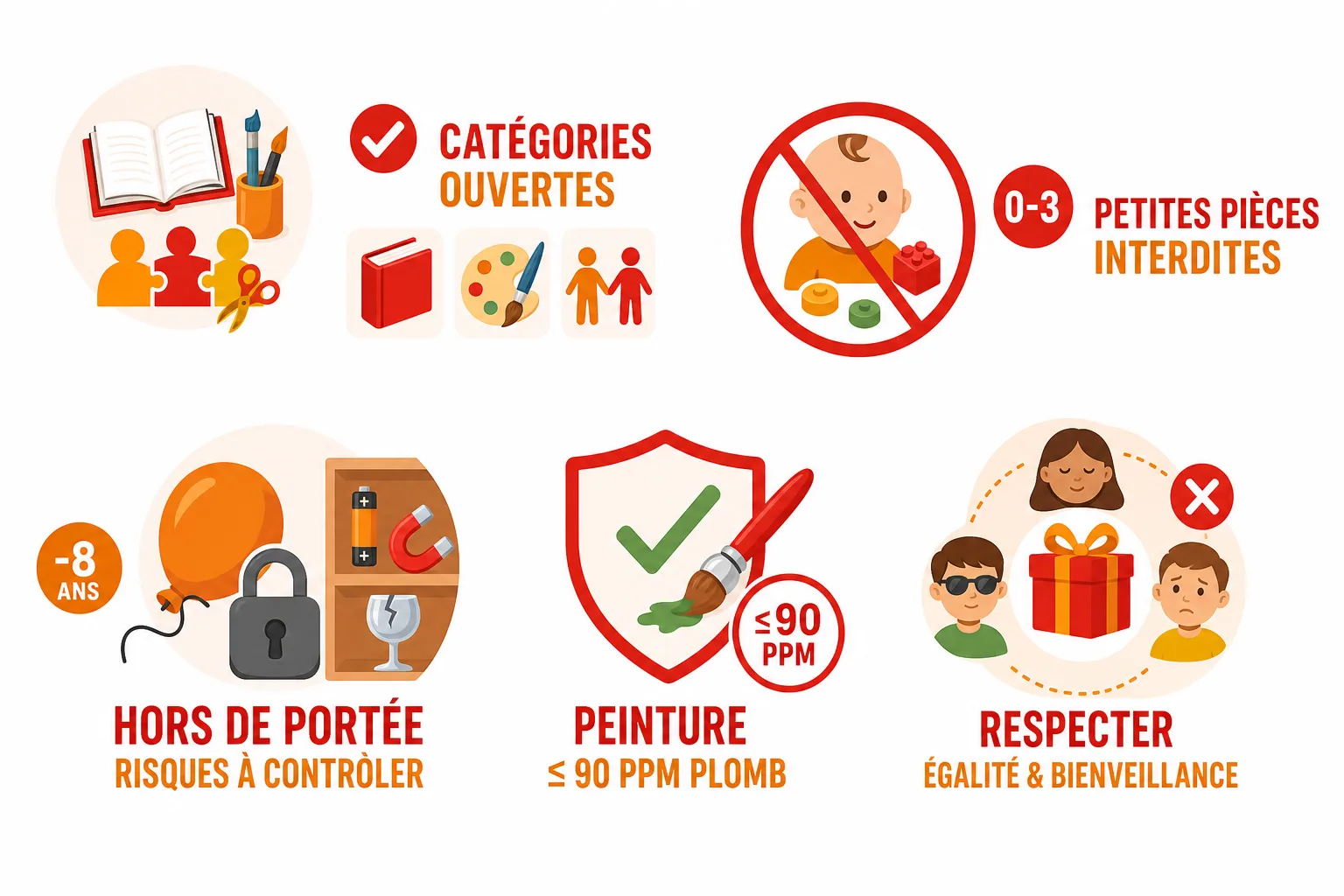 Tableau des règles d’équité et de sécurité selon l’âge, les besoins particuliers et les caractéristiques des cadeaux remis aux enfants.