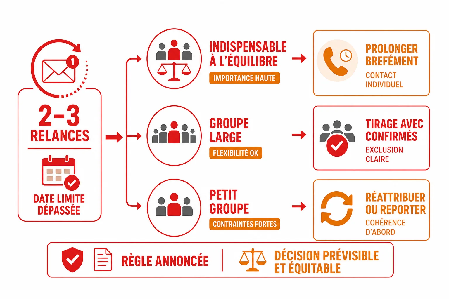 Progression des relances, échéance finale et règles de clôture selon la réponse des participants et la taille du groupe.