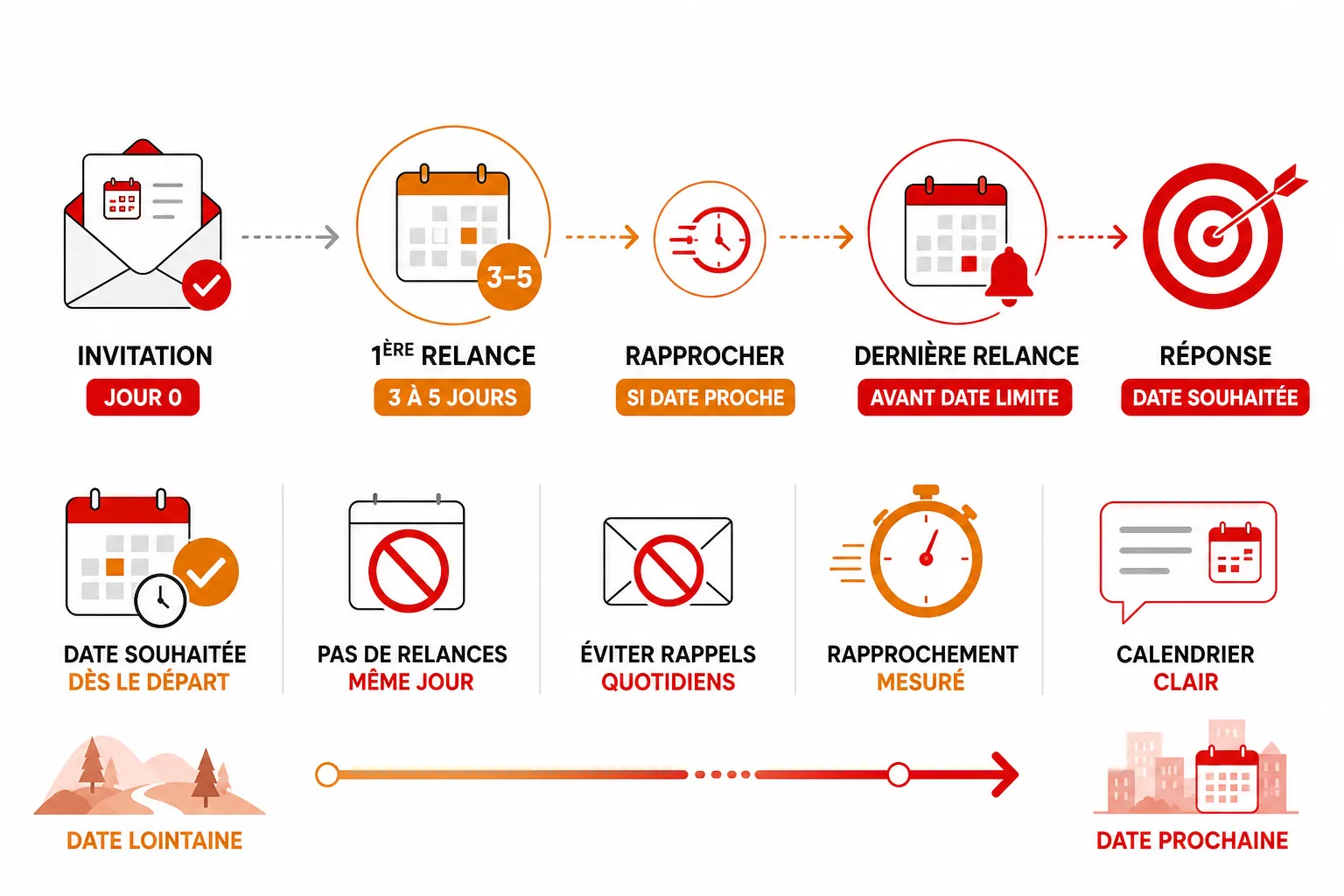 Calendrier recommandé d’une invitation : message initial, relance après 3 à 5 jours, puis dernier rappel avant la date limite.