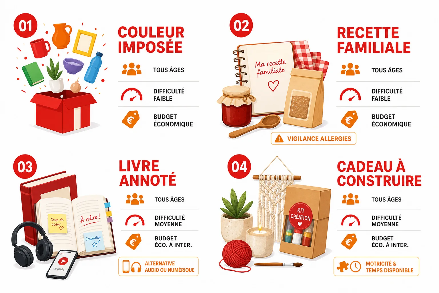 Comparaison de quatre thèmes familiaux selon la difficulté, le budget, l’accessibilité et le niveau de personnalisation.